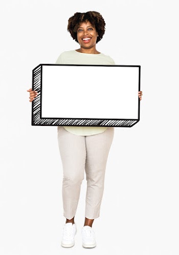 Happy woman holding an empty board | Free stock psd mockup - 491086