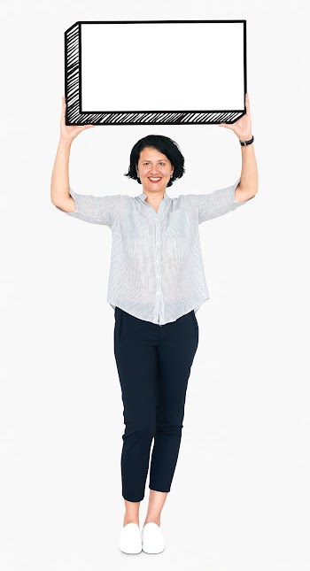 Happy woman holding an empty board | Free stock psd mockup - 491190