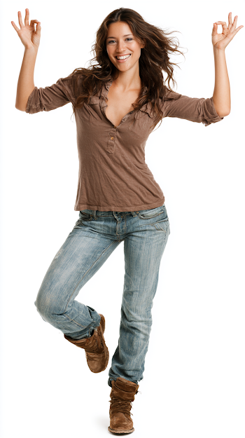 Happy Woman Making OK Gesture in Casual Outfit