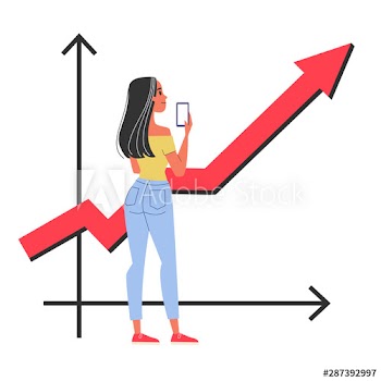 Happy woman standing at the graph pointing up