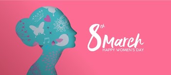 Happy Women Day holiday illustration. Paper cut girl head silhouette cutout with hand drawn spring and flower doodles. Horizontal format design ideal for web banner or greeting card. EPS10 vector.    