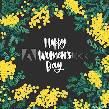 Happy Women's Day festive wish surrounded by beautiful blooming mimosa or silver wattle flowers and leaves