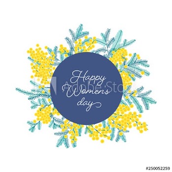 Happy Women's Day wish surrounded by spring mimosa or silver wattle branches with flowers and leaves