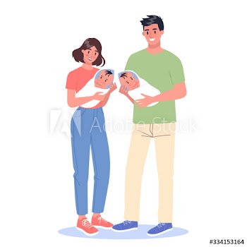 Happy young dad and mom holding baby twins