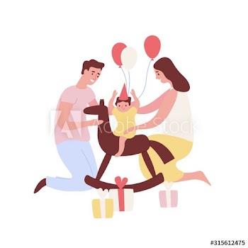 Happy young parents holding little son on rocking horse celebrating birthday