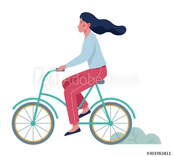 Happy young woman ride bicycle side view