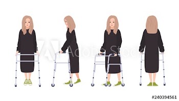 Happy young woman with walking frame or walker isolated on white background