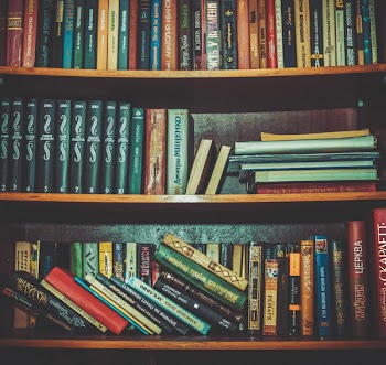 Hard Bound Books on Brown Wooden Shelf