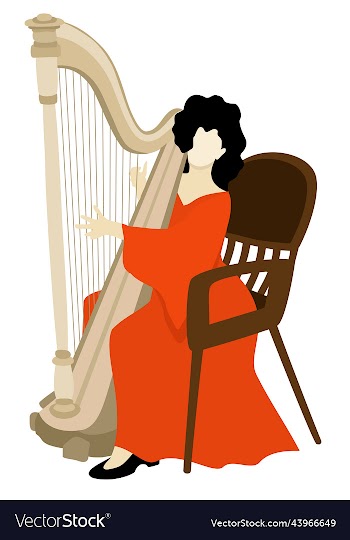 harpiste in bright long orange dress playing her