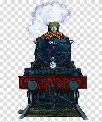 Harry Potter, blue and red Hogwarts Express  train locomotive spewing white smoke illustration transparent background PNG clipart