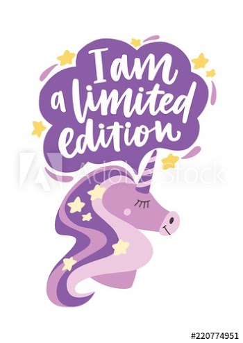 Head of magic fairytale unicorn, speech bubble and I Am A Limited Edition lettering handwritten with cursive calligraphic font