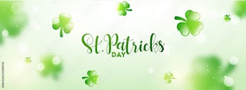 Header or banner design with stylish lettering of St. Patrick's Day and decorative shamrock leaves on blurred background.
