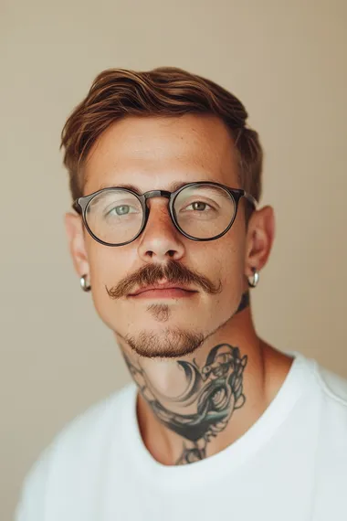 Headshot of a white man with mustache and glasses in urban setting