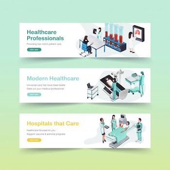 Healthcare banner design with hospital,doctor and pharmacy Free Vector