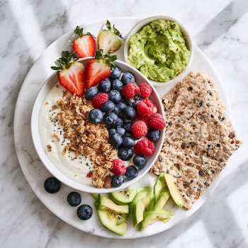 Healthy Breakfast Flat Lay with Yogurt and Fresh Fruits