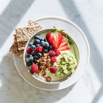 Healthy Breakfast Flat Lay with Yogurt and Fruit