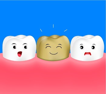 Healthy cartoon tooth with golden tooth. Metal crowns. dental care concept. Illustration isolated on blue background.