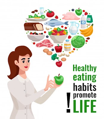 Healthy eating advertising poster with young woman holding green apple and useful food elements Free Vector