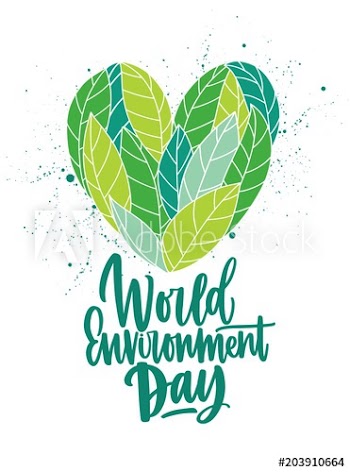 Heart made of fresh green leaves and World Environment Day inscription handwritten with elegant cursive calligraphic font