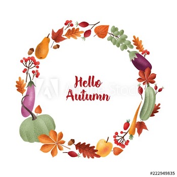 Hello Autumn inscription written with elegant calligraphic script inside round frame or wreath made of seasonal vegetables, fruits, fallen leaves, acorns, berries