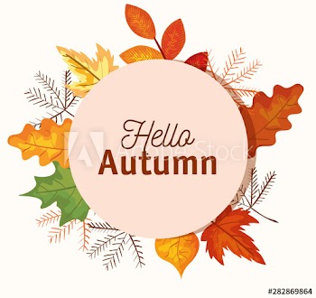 hello autumn label with leaves and plants