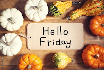 Hello Friday message with colorful pumpkins