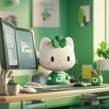 Hello Kitty Cat Doll in St. Patrick's Office Theme at Computer Hello Kitty Cat Doll in St. Patrick's Office Theme at Computer