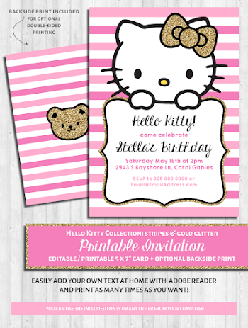 Hello Kitty Party Invitations: Pink & Gold Glitter | Wonder ...