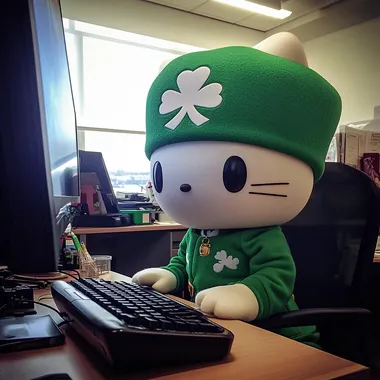 Hello Kitty Stuffed Animal in St. Patrick's Theme Office Setting Hello Kitty Stuffed Animal in St. Patrick's Theme Office Setting