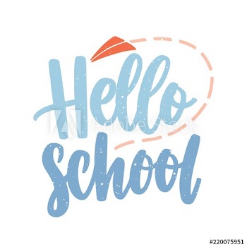 Hello School phrase or message inscribed with cursive calligraphic font and decorated by flying paper plane