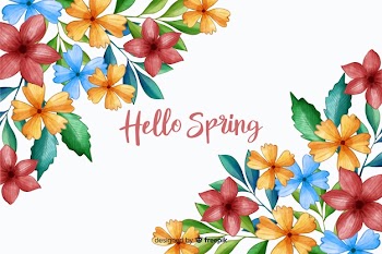 Hello spring with spring flowers Free Vector