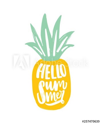 Hello Summer slogan handwritten with elegant calligraphic script on pineapple