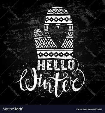  					Hello winter text and knitted woolen mitten with vector image														