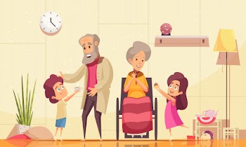 Helping elderly people home flat cartoon composition with grandchildren serving coffee cakes to old grandparents Free Vector