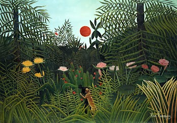 Henri Rousseau's Virgin Forest with Sunset… | Free public domain illustration