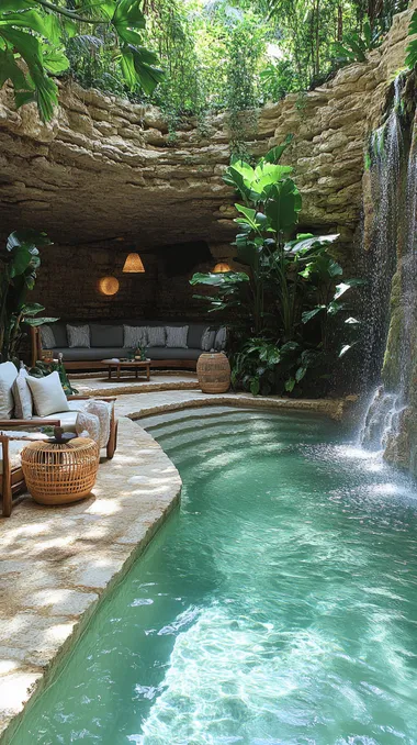 Hidden cave resort pool with waterfall, tropical plants, and bar Hidden cave resort pool with waterfall, tropical plants, and bar