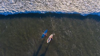 high angle photo of two persons carrying surfboards on seashore