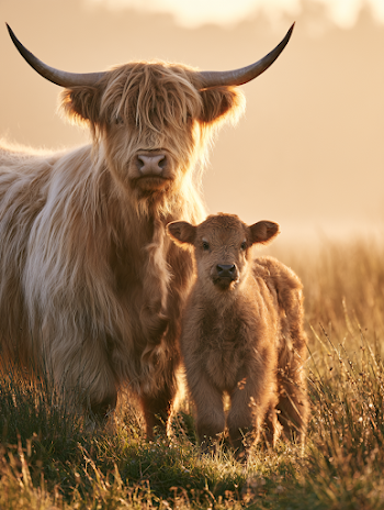 Highland Cattle at Dawn: A Mother and Calf in Golden Light