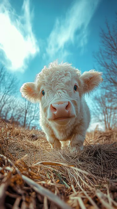Highland cow in spring grass field with blue eyes, iPhone photo Highland cow in spring grass field with blue eyes, iPhone photo