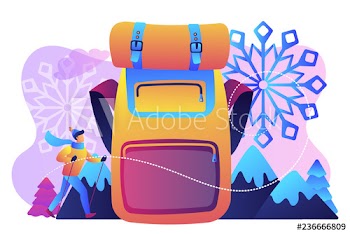 Hiker in warm clothes walking in the mountains in winter and a huge backpack