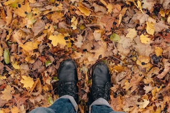 Hiker Looks Down At Boots And Leaves
