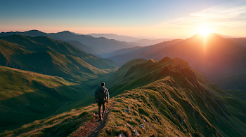 Hiker on Mountain Ridge at Golden Hour