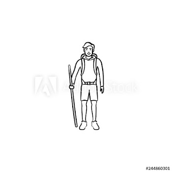 Hiker with backpack and walking stick hand drawn outline doodle icon