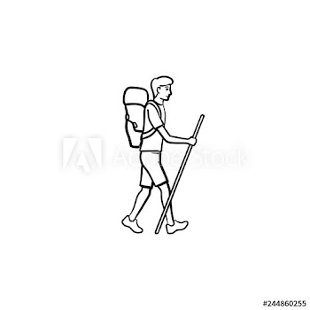 Hiker with backpack walking hand drawn outline doodle icon