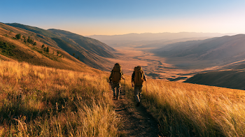 Hikers Journeying Through Sunlit Mountain Trail