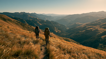 Hikers on a Sunlit Mountain Trail