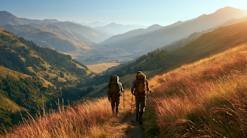 Hikers on a Sunlit Mountain Trail