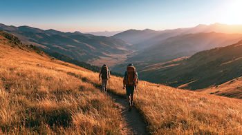 Hikers on a Sunlit Mountain Trail