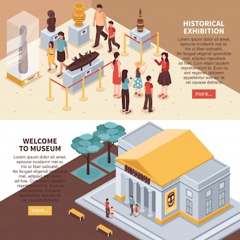 Historical exhibition isometric banners Free Vector