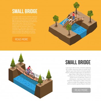 Historical little bridges features, isometric horizontal banners template with different wooden constructions vector illustration Free Vector